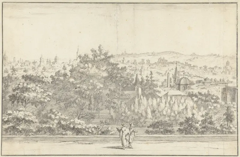 Gezicht op een Italiaanse stad, op de voorgrond twee mannen Wall Art by Theodor Matham - High-Resolution Digital Print