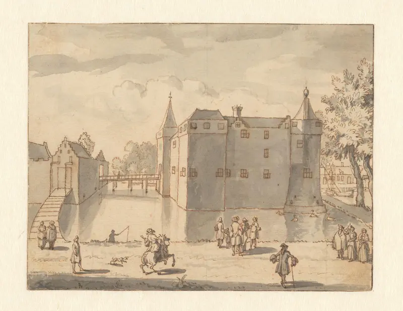 Gezicht op een kasteel met personen op de voorgrond Wall Art by anonymous - High-Resolution Digital Print