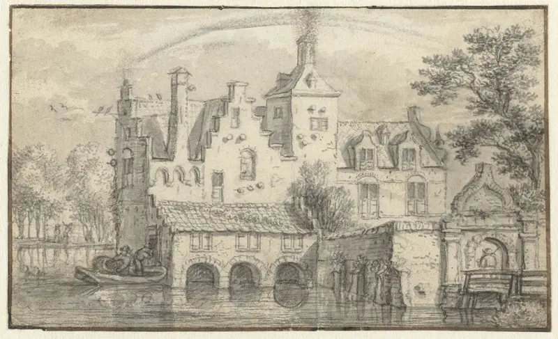 Gezicht op een kasteel omringd door water Wall Art by Unknown - High-Resolution Digital Print