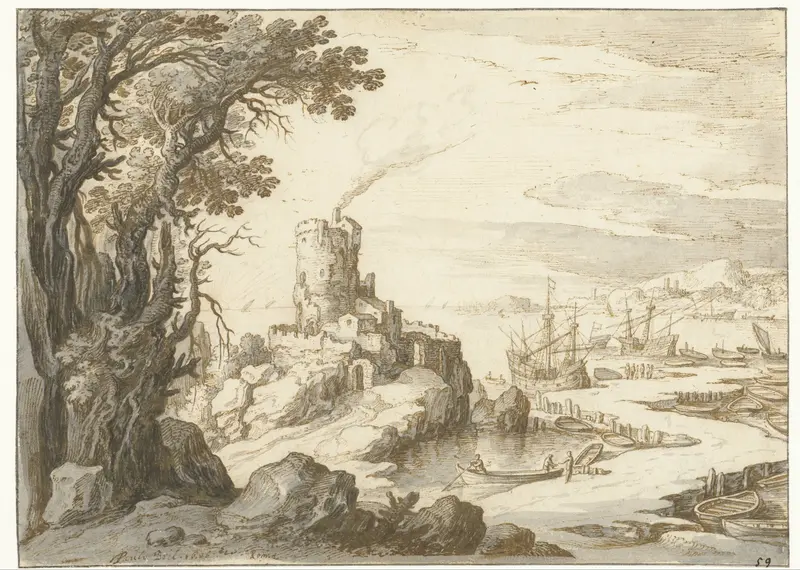 Gezicht op een kust met een donjon of vuurtoren Wall Art by Paul Bril - High-Resolution Digital Print