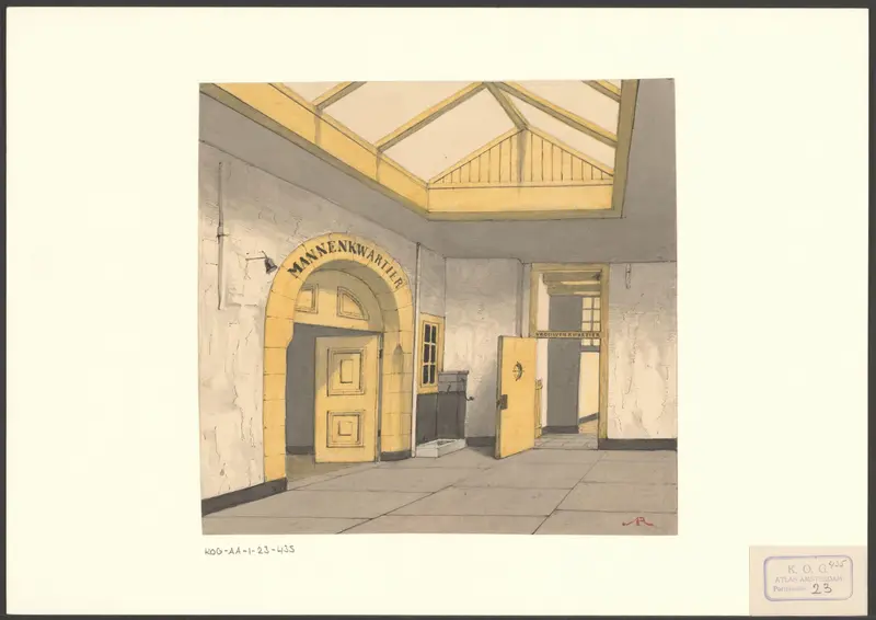 Gezicht op een portaal met toegangsdeuren van het Mannen- en Vrouwenkwartier in het Tucht- of Rasphuis aan de Heiligeweg Wall Art by Unknown - High-Resolution Digital Print