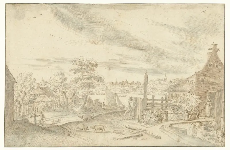 Gezicht op een rivier bij een veerhuis Wall Art by Hendrick van Cleve - High-Resolution Digital Print