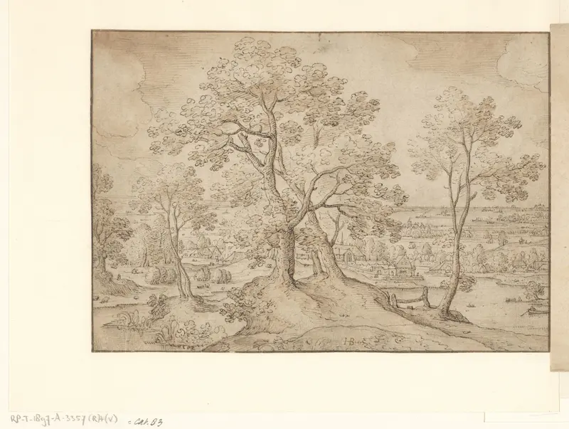 Gezicht op een rivier die langs een dorp stroomt Wall Art by Hans Bol - High-Resolution Digital Print