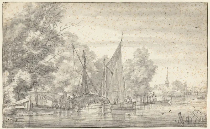 Gezicht op een rivier met mensen bij en op boten Wall Art by Jacob Esselens - High-Resolution Digital Print