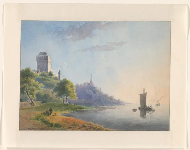 Gezicht op een rivieroever met toren en kerk Wall Art by Johannes van Reijn - High-Resolution Digital Print