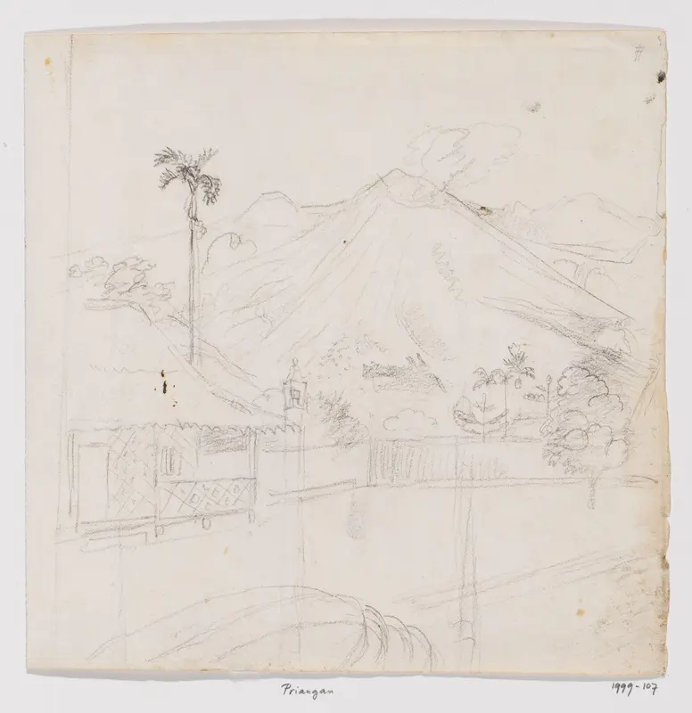 Gezicht op een rokende vulkaan en woonhuis, arekapalm links, Priangan, West-Java Wall Art by Adrianus Johannes Bik - High-Resolution Digital Print