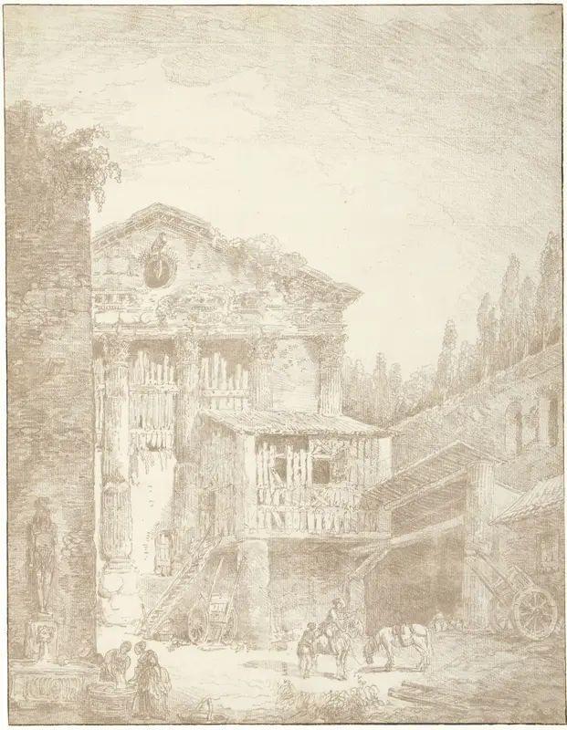 Gezicht op een salpeterfabriek in een tempelruïne bij het Forum Romanum te Rome Wall Art by Hubert Robert - High-Resolution Digital Print
