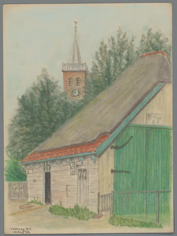 Gezicht op een schuur en de kerktoren van Valkkoog Wall Art by Unknown - High-Resolution Digital Print
