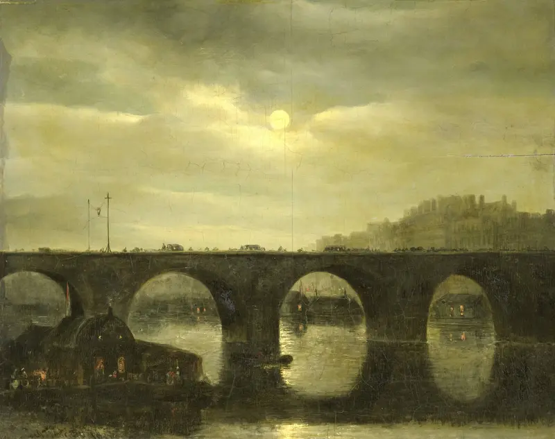 Gezicht op een Seinebrug te Parijs bij maanlicht Wall Art by Unknown - High-Resolution Digital Print