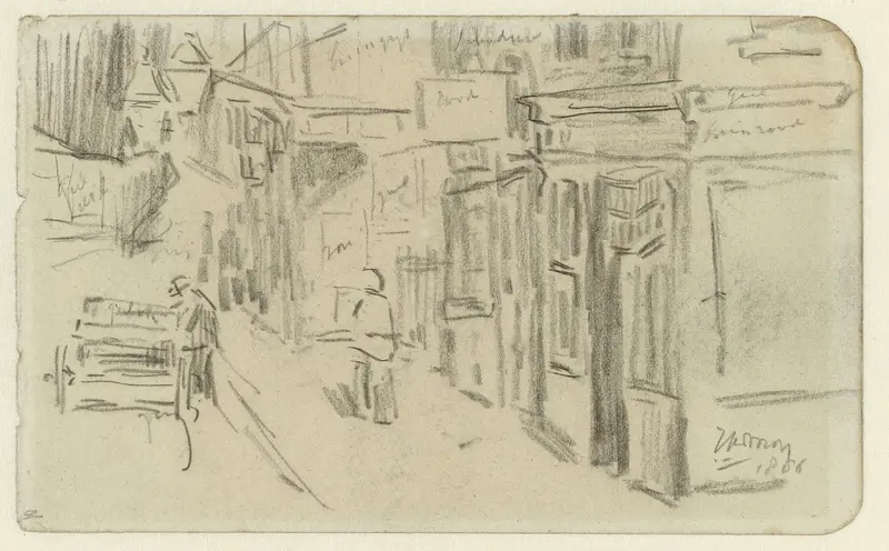 Gezicht op een slingerende winkelstraat met een man met een kar Wall Art by Jan Toorop - High-Resolution Digital Print