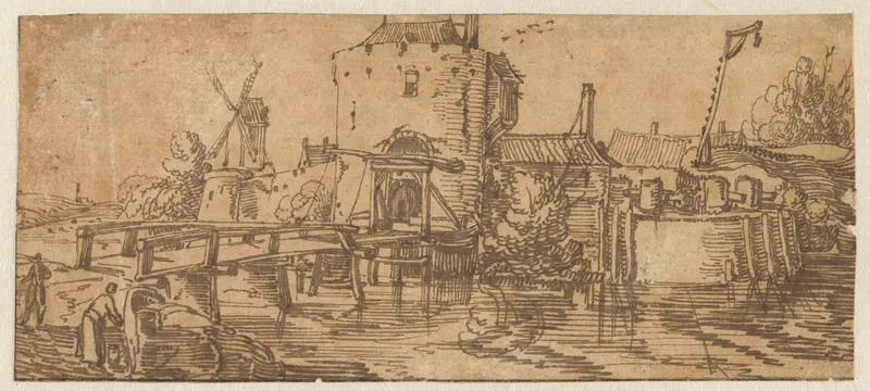 Gezicht op een stad (Culemborg?) met een brug voor een poort Wall Art by Jan van de Velde (II) - High-Resolution Digital Print