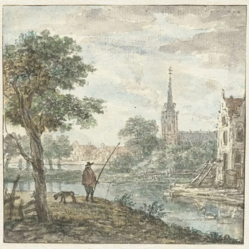 Gezicht op een stad met op de voorgrond een hengelaar Wall Art by anonymous - High-Resolution Digital Print