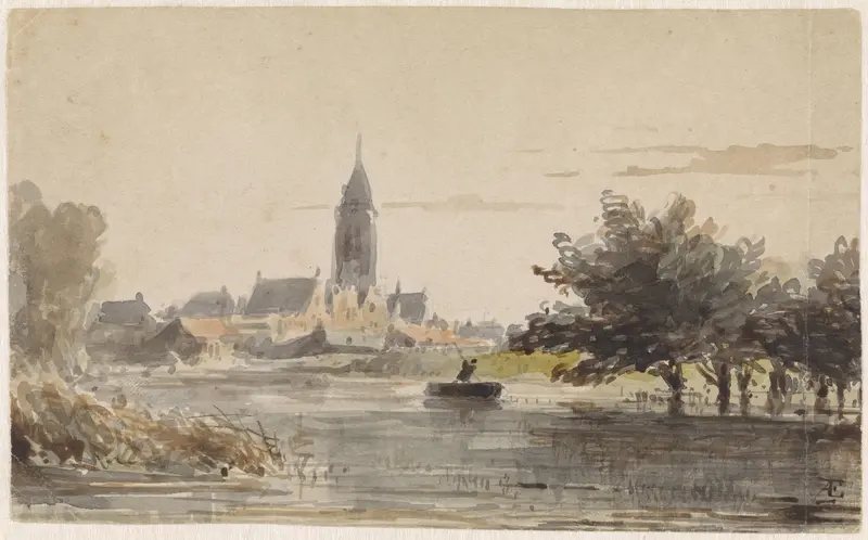 Gezicht op een stadje, gezien van over een rivier Wall Art by Adrianus Eversen - High-Resolution Digital Print