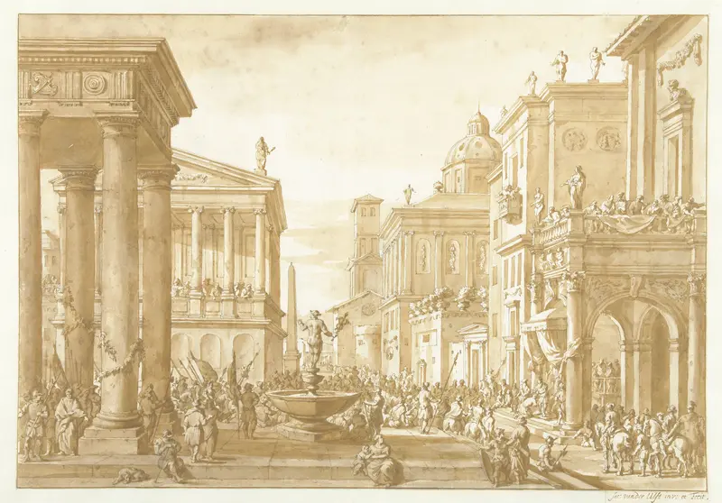 Gezicht op een stadsplein vol mensen, waar een man wordt bekroond Wall Art by Jacob van der Ulft - High-Resolution Digital Print
