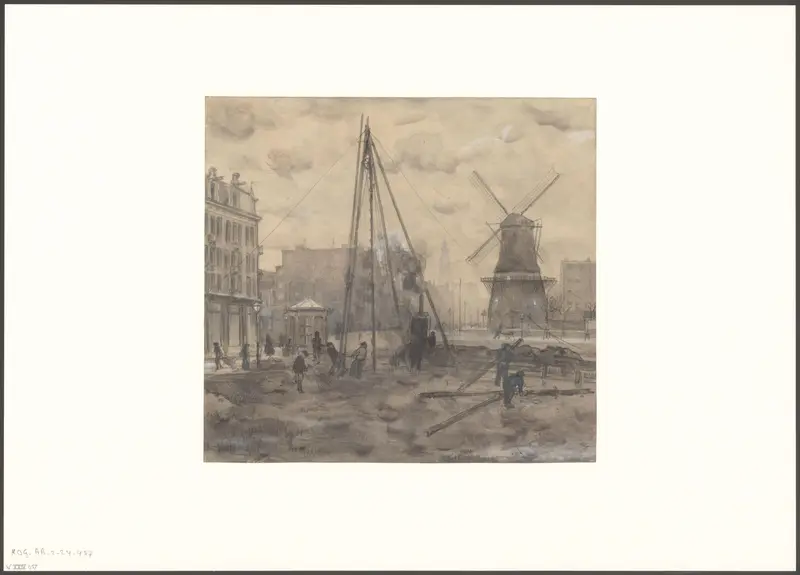 Gezicht op een straat in Amsterdam, mogelijk de Marnixstraat met molen De Victor Wall Art by anonymous - High-Resolution Digital Print