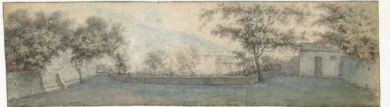 Gezicht op een terras met links en rechts een paviljoen Wall Art by Unknown - High-Resolution Digital Print