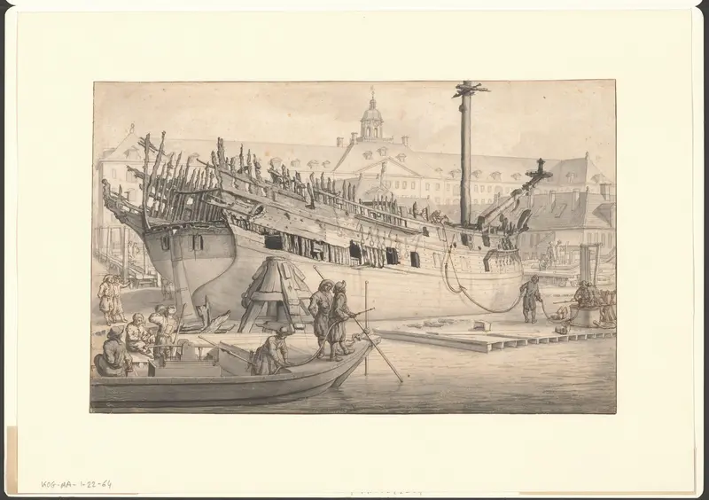 Gezicht op een verbrand schip voor de scheepstimmerwerf van de Oost-Indische Compagnie Wall Art by Unknown - High-Resolution Digital Print