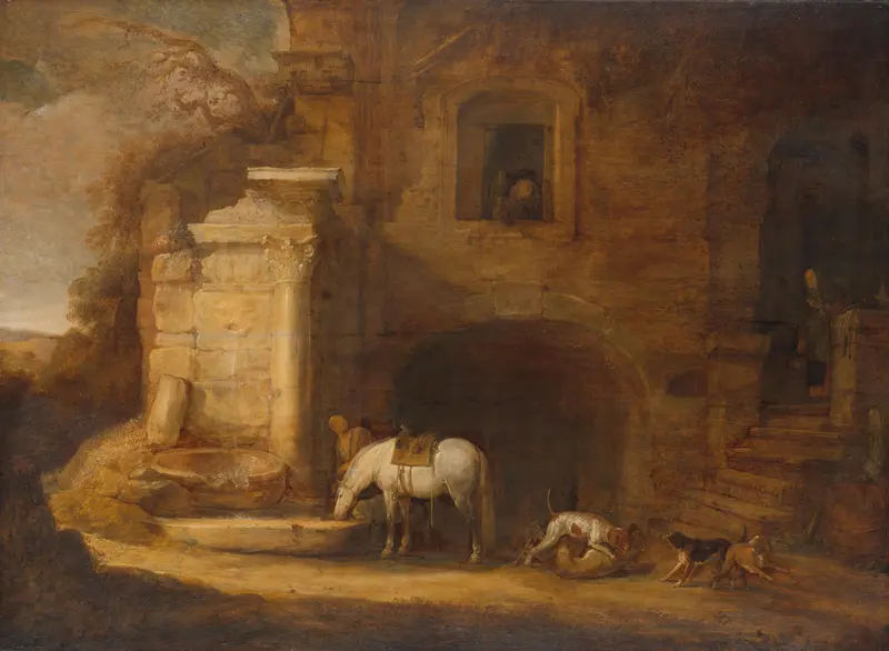 Gezicht op een vervallen gebouw met een fontein Wall Art by Unknown - High-Resolution Digital Print