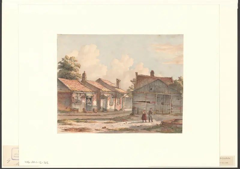 Gezicht op enkele huizen aan de voet van molen De Roomolen Wall Art by Unknown - High-Resolution Digital Print