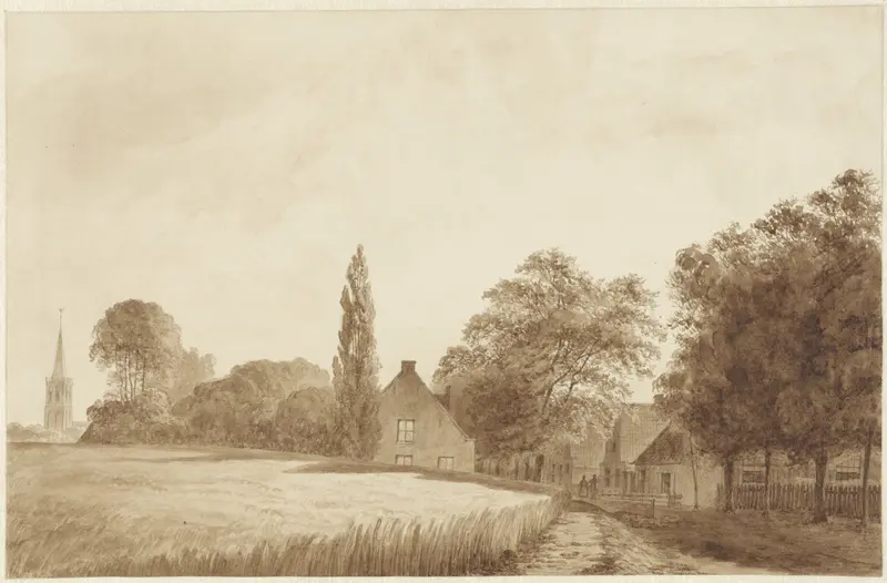 Gezicht op enkele huizen en een kerktoren bij Hilversum Wall Art by Hendrik Abraham Klinkhamer - High-Resolution Digital Print