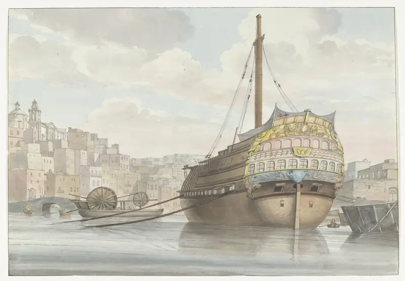 Gezicht op haven met galei schip vlakbij de werf Wall Art by Louis Ducros - High-Resolution Digital Print