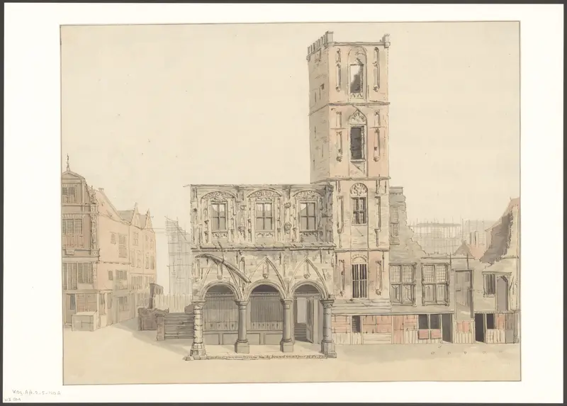 Gezicht op het oude stadhuis na de brand van juli 1652 Wall Art by Anthonie van den Bos - High-Resolution Digital Print