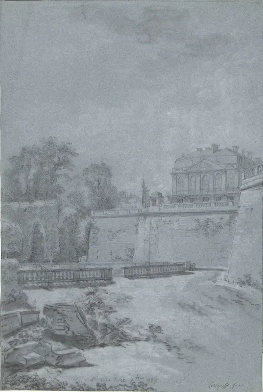 Gezicht op het park en een vleugel van kasteel Saint-Cloud