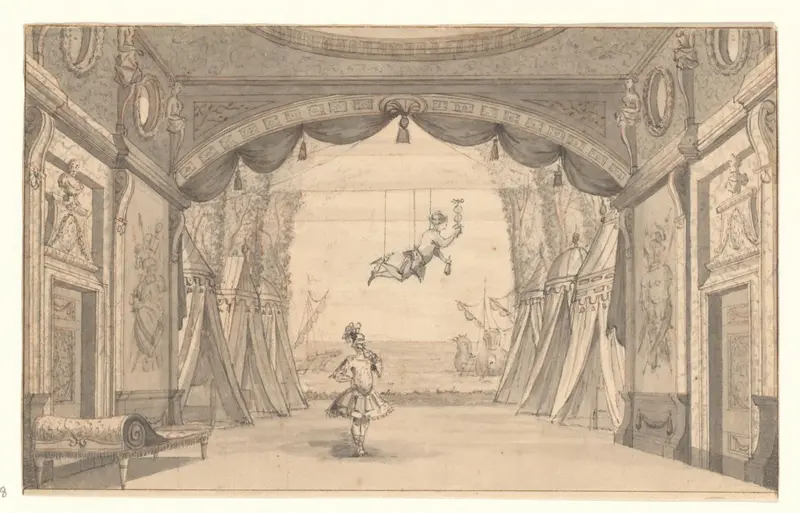 Gezicht op het podium van de schouwburg van Van Campen met een vliegende Mercurius Wall Art by anonymous - High-Resolution Digital Print