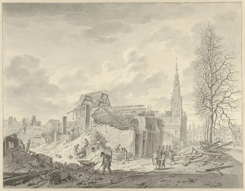 Gezicht op het Rapenburg te Leiden na de Buskruitramp van 12 januari 1807 Wall Art by Leendert Overbeek - High-Resolution Digital Print