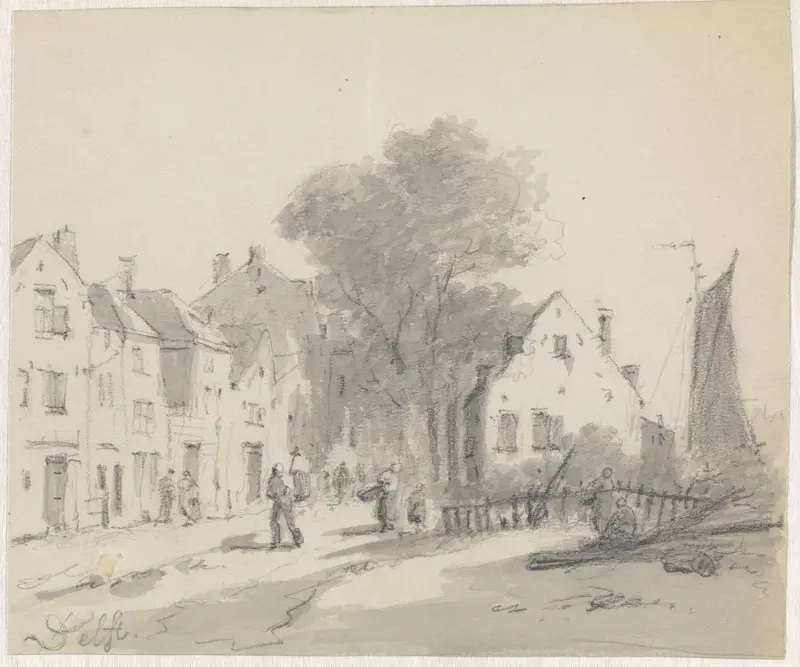 Gezicht op huizen aan de rand van Delft, rechts een vaart Wall Art by Adrianus Eversen - High-Resolution Digital Print