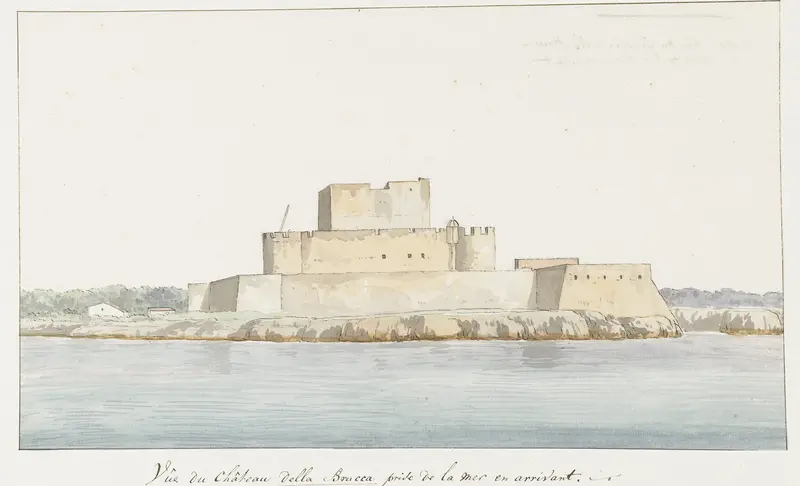 Gezicht op kasteel van San Mauro la Bruca vanaf zee bij aankomst Wall Art by Louis Ducros - High-Resolution Digital Print