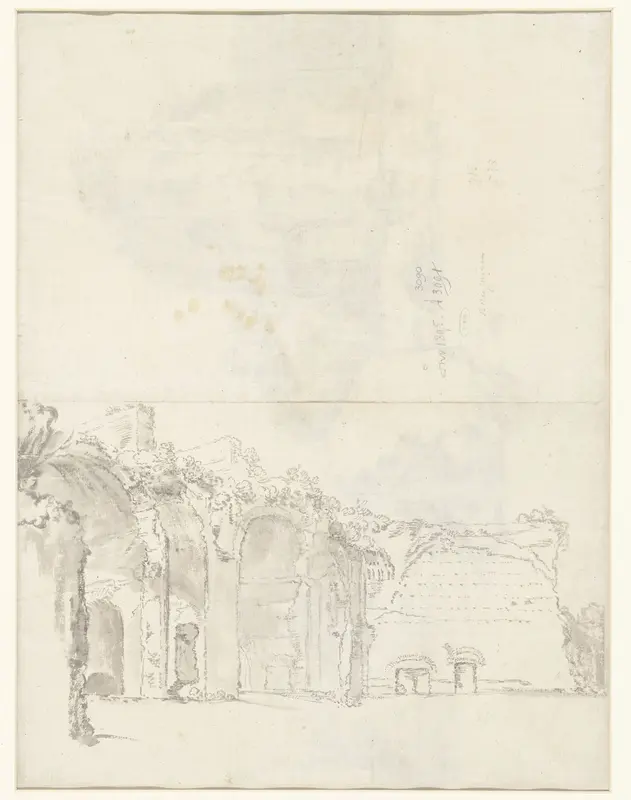 Gezicht op klassieke ruïnes / recto: Gezicht op de thermen van Caracalla, Rome, met een grote rots in de voorgrond Wall Art by Guilliam du Gardijn - High-Resolution Digital Print