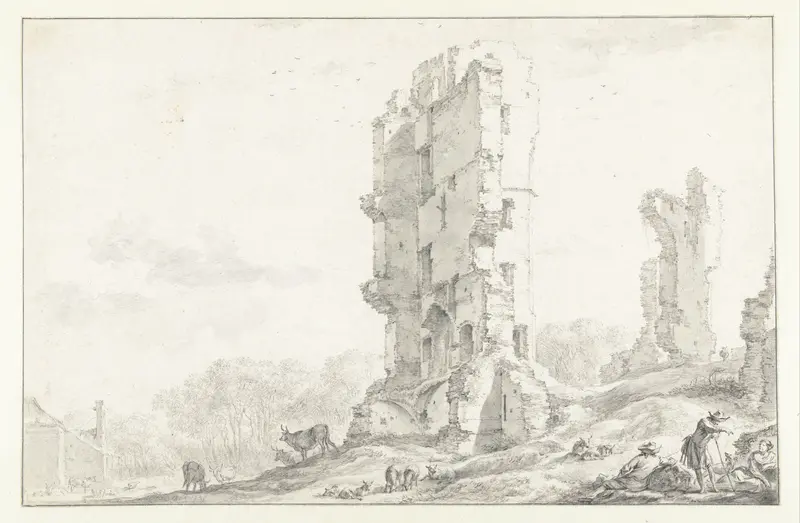 Gezicht op ruïne van het Huis te Kleef bij Haarlem Wall Art by Nicolaes Pietersz Berchem - High-Resolution Digital Print