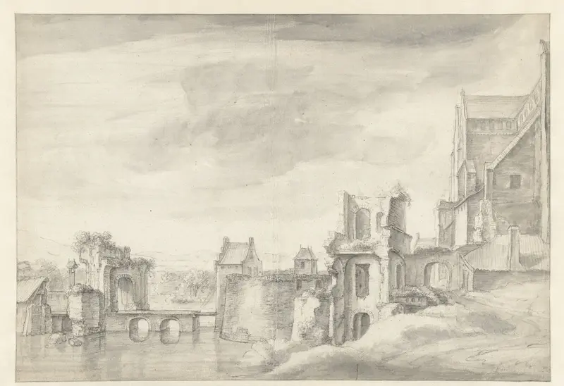 Gezicht op ruïnes aan een rivieroever (St. Walburgkerk te Arnhem?) Wall Art by Anthonie Waterloo - High-Resolution Digital Print