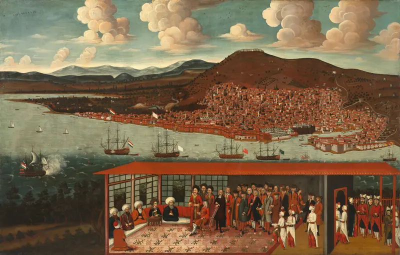 Gezicht op Smyrna (Izmir) met op de voorgrond een ontvangst van de Nederlandse consul Daniël Jan Baron de Hochepied (1657-1723) in de Divan Wall Art by anonymous - High-Resolution Digital Print