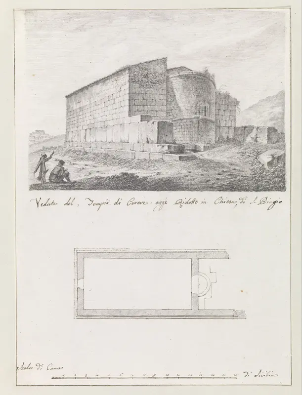 Gezicht op tempel van Demeter en plattegrond, tegenwoordig opgenomen in kerk van heilige Blasius te Agrigento Wall Art by Louis Mayer - High-Resolution Digital Print