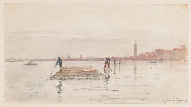 Gezicht op Venetië vanaf het water, met op de voorgrond in het water een houten vlot Wall Art by Carel Nicolaas Storm van 's-Gravesande - High-Resolution Digital Print