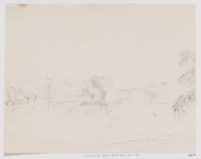 Gezicht op vijver en tuin en achterzijde van het paleis Buitenzorg (vóór 1834), West-Java Wall Art by Adrianus Johannes Bik - High-Resolution Digital Print