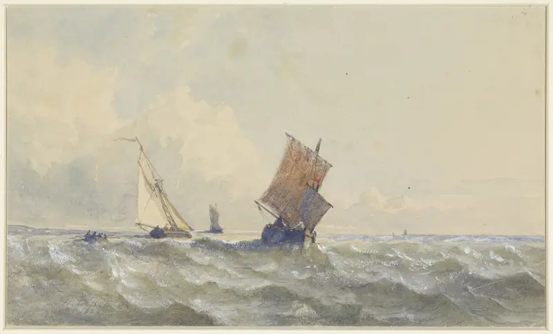 Gezicht op volle zee, waarop drie zeilschepen Wall Art by Henri Le Hon - High-Resolution Digital Print