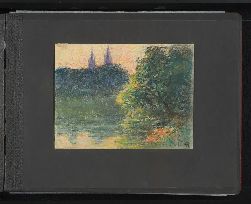 Gezicht op water en begroeiing met in de verte twee torens Wall Art by Unknown - High-Resolution Digital Print
