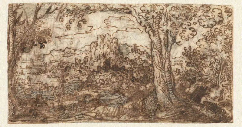 Gezicht over een berglandschap Wall Art by Unknown - High-Resolution Digital Print