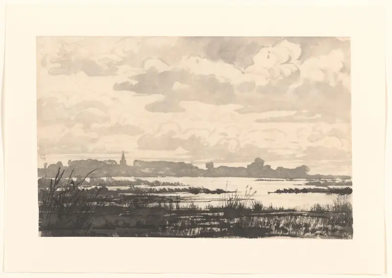 Gezicht over plassen naar een kerktorentje Wall Art by Maurits van der Valk - High-Resolution Digital Print