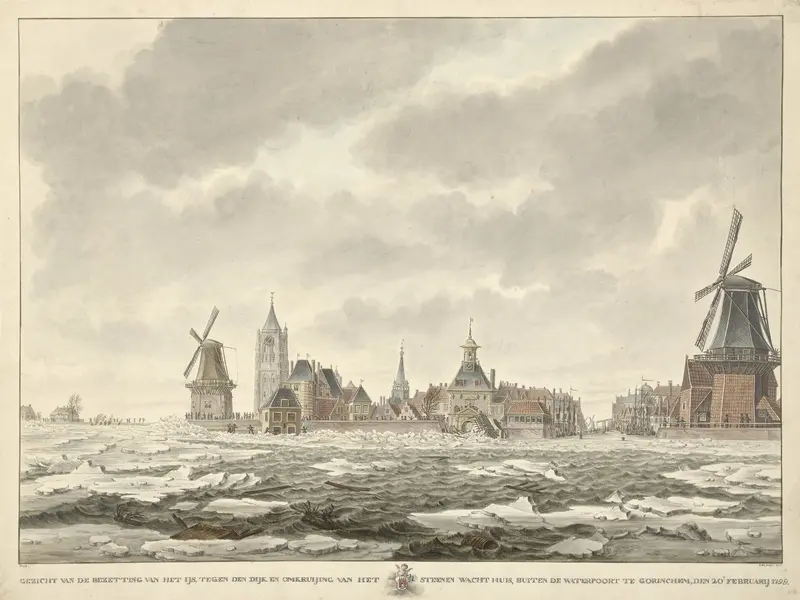 Gezicht van de bezetting van het ijs buiten de Waterpoort te Gorinchem, den 20.n Februarij 1799 Wall Art by Cornelis de Jonker - High-Resolution Digital Print