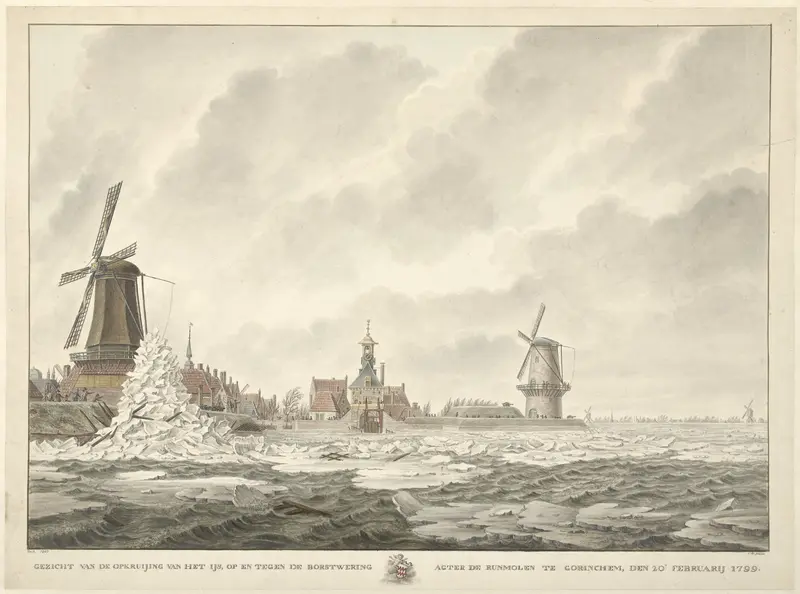 Gezicht van de opkruijing van het ijs, op en tegen de borstwering agter de Runmolen te Gorinchem, den 20.n Februarij 1799 Wall Art by Cornelis de Jonker - High-Resolution Digital Print