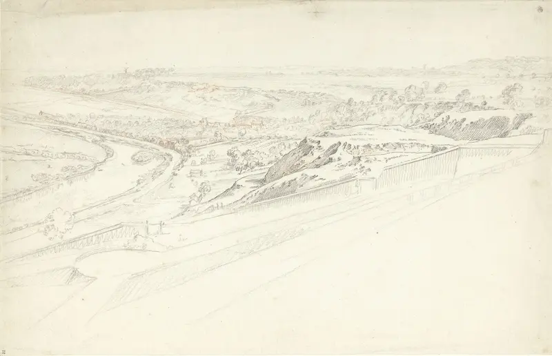 Gezicht van een hooggelegen terras over een landschap met bochtige rivier Wall Art by Jacques André Portail - High-Resolution Digital Print