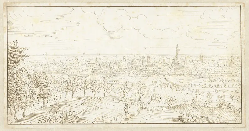 Gezicht vanaf een heuvel over een rij bomen op een stad Wall Art by Johan Teyler - High-Resolution Digital Print