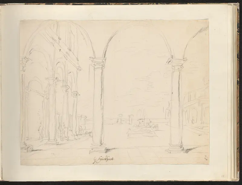 Gezicht vanaf een zuilengalerij op een fontein Wall Art by Unknown - High-Resolution Digital Print