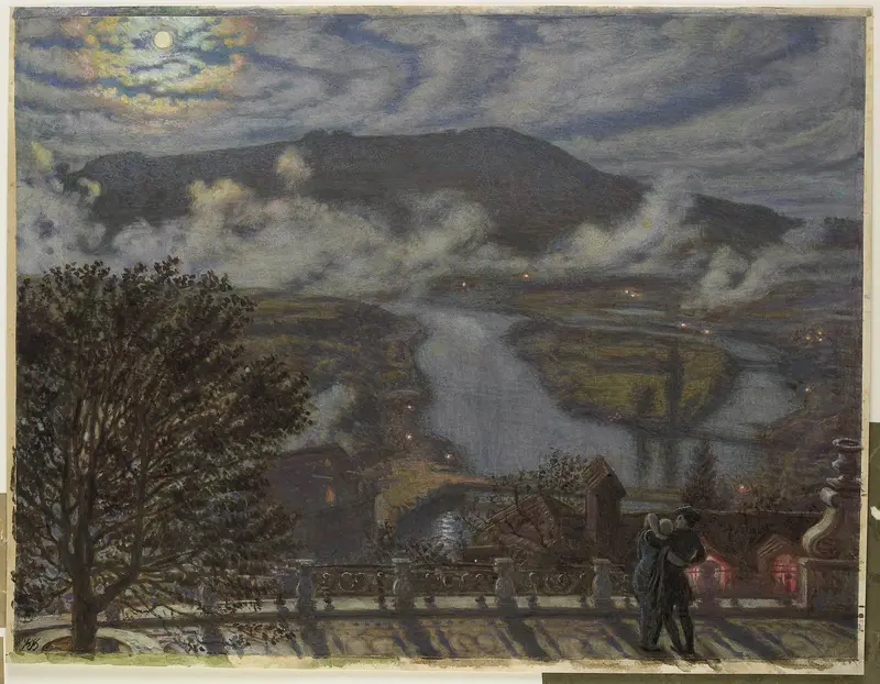 Gezicht vanaf terras op rivierlandschap bij nacht Wall Art by William Holman Hunt - High-Resolution Digital Print