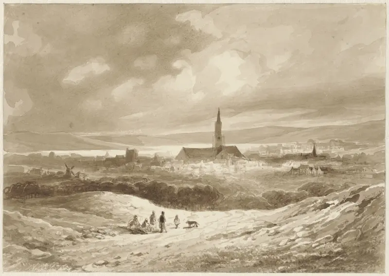 Gezicht vanuit de heuvels op een stad aan een meer Wall Art by Willem Pieter Hoevenaar - High-Resolution Digital Print