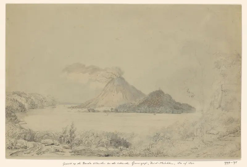 Gezicht vanuit Lontar op Banda Neira en rokende Gunungapi, Banda-eilanden, Centraal-Molukken Wall Art by Adrianus Johannes Bik - High-Resolution Digital Print